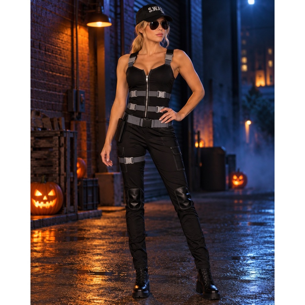 Armed and Dangerous SWAT Costume Womens Medium Black Tactical Jumpsuit 3 Piece